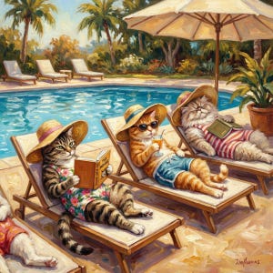 Könnte beinhalten: Ein skurriles Gemälde zeigt Katzen, die sich an einem Pool entspannen. Katzen tragen Sonnenbrillen und Strohhüte und liegen auf Liegestühlen. Eine Katze liest ein Buch, eine andere trinkt ein Getränk und eine dritte Katze trägt ein rot-weiß gestreiftes Outfit. Palmen und ein Sonnenschirm spenden Schatten.
