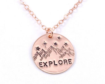 Mountain necklace 14k rose gold filled stamped mountain pendant jewelry. Rock climbing, nature lover, adventure wanderlust backpacking gift