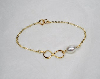 Infinity Link Freshwater Pearl Bracelet: 14k gold plated sterling silver, classic minimal dainty womens jewelry, eternity, handmade in USA