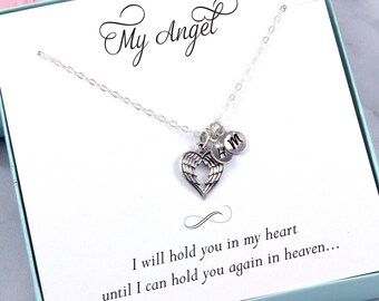 Personalized Memorial Necklace: Remembrance Keepsake Jewelry, sterling silver, custom initials, angel wing heart charm pendant, sympathy