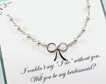 Bridesmaid Jewelry Gift:  Pearl Tie-The-Knot Bow Necklace, Sterling Silver, Handmade USA, Ready to Gift, Maid Matron of Honor Gift