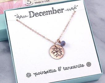 December Birth Flower Birthstone Necklace, personalized birthday gift, custom initial, poinsettia pendant, tanzanite charm, silver rose gold