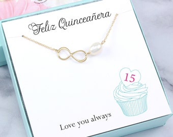 Quinceanera Necklace Gift: Gold infinity pearl jewelry for daughter, 15th birthday gift, feliz cumpleanos, quince anos, quinceanera jewelry