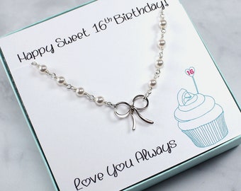 Sweet 16 Gift:  Pearl Bow Necklace, Sterling Silver, Charm Necklace, Sweet Sixteen Birthday Gift, Jewelry for Teen Girl Daughter