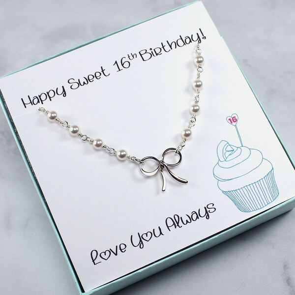 Sweet 16 Gift:  Pearl Bow Necklace, Sterling Silver, Charm Necklace, Sweet Sixteen Birthday Gift, Jewelry for Teen Girl Daughter