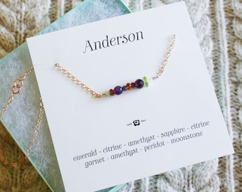 Family birthstone necklace w/ personalized gemstone pendant & custom surname card, sterling silver or 14k rose/yellow gold-filled, gift idea