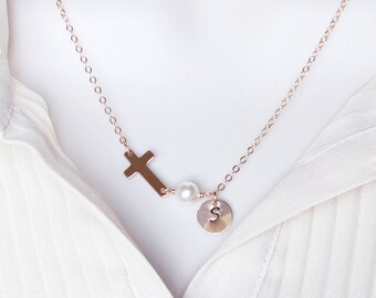 Personalized rose gold cross necklace w/ faux pearl charm & stamped initial pendant. Dainty minimal simple 14k gold-filled monogram jewelry