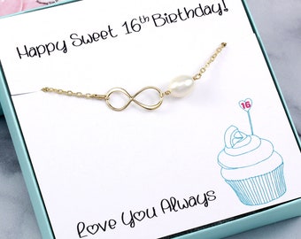 Sweet 16 Gift: Gold infinity pearl bracelet for teen girl daughter's sixteen birthday, elegant dainty keepsake jewelry present, made in USA