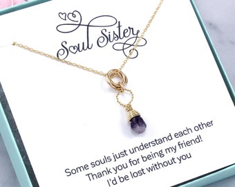 Soul Sister Gift | Soul Sister Necklace | Best Friend Birthday Gift | Amethyst | Birthstone | Gold Circle Interlocking Necklace, Made in USA