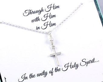 Confirmation Gift: Pearl Cross Necklace, sterling silver, jewelry present for first communion, teen girl, sponsor, godmother, goddaughter