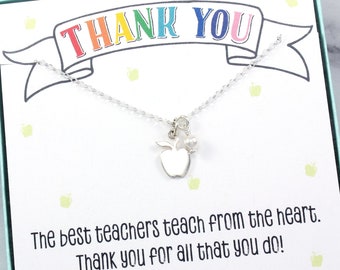 Teacher Gift: Apple and pearl charm necklace in sterling silver with thank you jewelry message card for elementary, middle, or high school