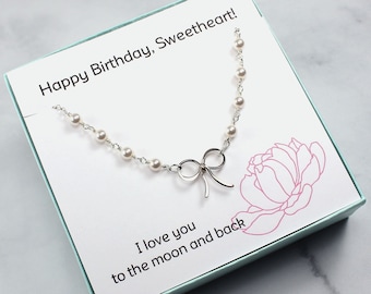 Birthday Gift: Pearl bow pendant necklace in sterling silver with meaningful jewelry message card for women, daughter, wife, or girlfriend