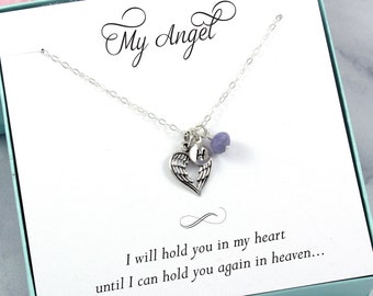 Personalized Memorial Necklace: Remembrance Keepsake Jewelry, sterling silver, custom initial, birthstone, angel wing heart charm pendant