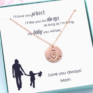 Daughter Gift: Mom & Child Heart Always Necklace, 14k rose-gold filled, personalized hand stamped jewelry for birthday, holiday, graduation image 1
