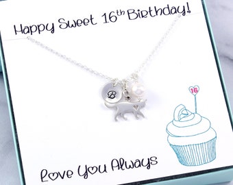 Sweet 16 Gift: Personalized cat/dog charm necklace sterling silver. Custom initial disc & tiny pearl. Frenchie, yorkie, chihuahua, labrador