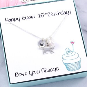 May include: A silver necklace with a pendant featuring a cat silhouette, a pearl, and a disc with the letter "B". The card reads "Happy Sweet 16th Birthday!" and "Love You Always". The necklace is presented in a light blue box.