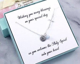 Personalized Confirmation Gift, Cross Initial Necklace Sterling Silver, Gemstone Charm, First Communion Gift, Confirmation Gifts for Girls
