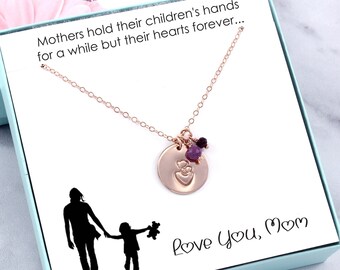 Mom & Child Birthstone Necklace, personalized Mother's Day gift, rose/yellow gold, sterling silver, stamped pendant jewelry, custom keepsake