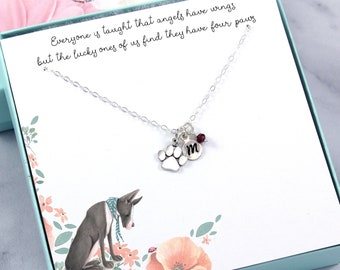 Pet Dog Paw Print Charm Necklace: sterling silver, personalized initial keepsake jewelry, birthstone gemstone, memorial remembrance cat gift