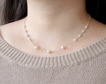 Dainty pearl necklace with classic round white pearls in sterling silver | elegant pearl choker, bridal wedding jewelry, bride or bridesmaid