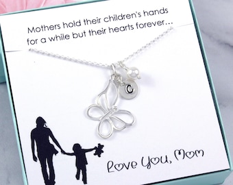 Personalized Mom Necklace Gift: custom butterfly initial pearl jewelry, sterling silver, Mother's Day present from daughter or son, handmade