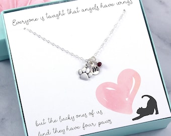 Pet Cat Paw Print Charm Necklace: sterling silver, personalized initial keepsake jewelry, birthstone gemstone, memorial remembrance dog gift