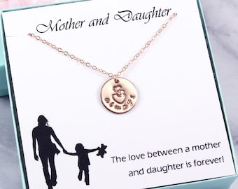 Mom & Child Always Necklace, 14k Rose Gold-Filled, handmade artisan jewelry for daughter, Mother's Day stamp pendant from son, ready to gift