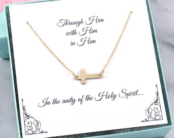 Confirmation Necklace Gift: Gold cross necklace 14k gold-filled for Christian women, teen girl daughter, first communion or baptism sponsors