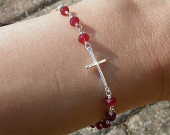 Sideways Cross Bracelet | Garnet Bracelet | Confirmation Gift for Teen Girl | Confirmation Sponsor Gift | Goddaughter Gift | Sterling Silver