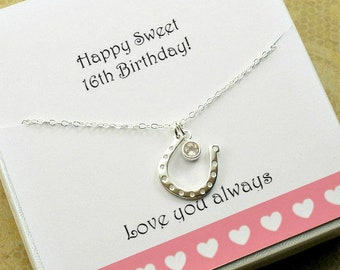 Sweet 16 Gemstone Necklace Sterling Silver, Birthday Gift for Girl, Teen Daughter Birthday, Sweet Sixteen Jewelry, Horseshoe Luck Necklace