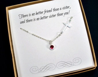 Sister Gift | Unique Sister Gift | Sister Necklace | Gifts for Sister | Sister in Law | Sister Jewelry | Sideways Cross Necklace, Birthstone