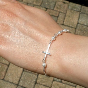 Sideways Cross Pearl Bracelet - 925 sterling silver - elegant custom jewelry for women - unique bridal accessory - made in USA - SHIPS FAST