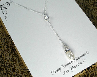 Pearl lariat necklace with happy birthday jewelry card for sweetheart, wife, girlfriend, love, partner. Elegant Y necklace with cz pendant
