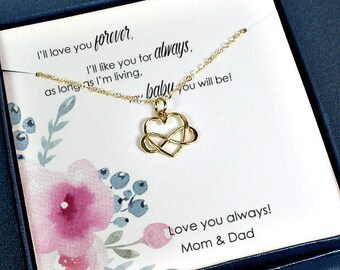 Daughter Gift: Gold infinity heart necklace from parents for birthday, sweet sixteen, quinceañera, high school/college graduation or new job