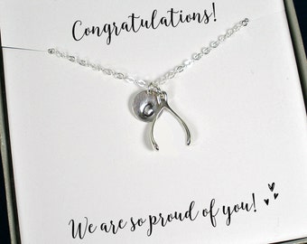 Personalized Graduation Gift: Custom Initial Wishbone Charm Necklace, Congratulations Graduate Student, New Job For Her, Good Luck Jewelry