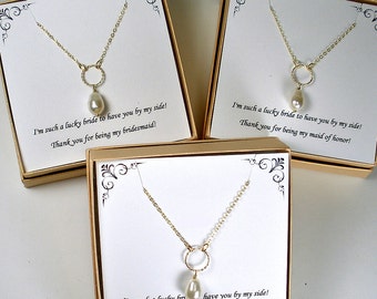 Bridesmaid Necklace Gift | 14k gold filled, designer brand crystal pearl, maid/matron of honor, thank you set, circle charm, modern classic