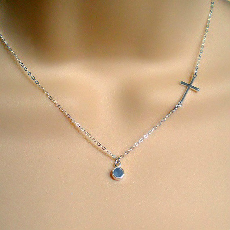 Sideways Cross Necklace Sterling Silver Cross Necklace Side Cross Small Cross, Tiny Cross, Dainty Gemstone, Birthstone Made in USA image 7