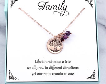 Tree of Life pendant necklace w/ family birthstone gemstone bead charms in 14k rose/yellow gold-filled or sterling silver, personalized gift