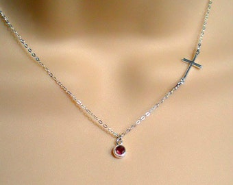 Sideways Cross Necklace | Sterling Silver Cross Necklace | Side Cross | Small Cross, Tiny Cross, Dainty | Gemstone, Birthstone | Made in USA