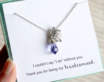 Bridesmaid Gift: Grape leaf necklace in sterling silver with wire-wrapped Austrian crystal pendant, maid of honor / bridesmaid proposal gift