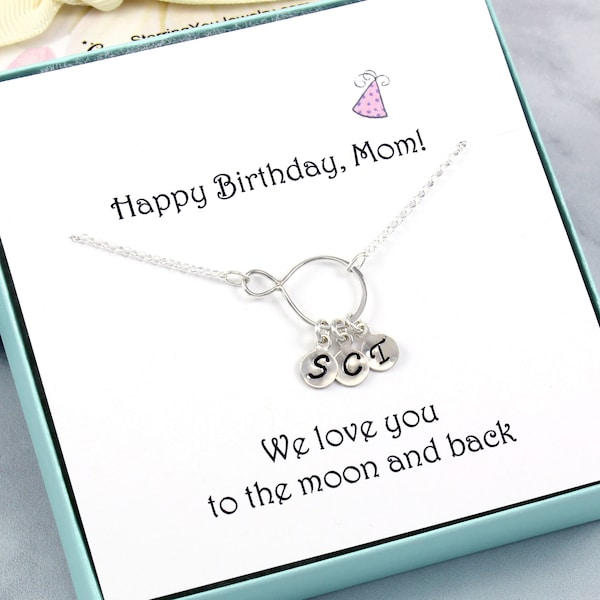 Personalized Birthday Gift for Mom: custom kids' initial letter discs, hand stamped monogram necklace, 925 sterling silver, infinity pendant