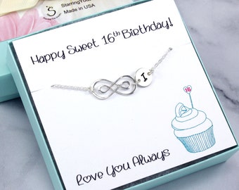 Personalized Sweet 16 Bracelet, Sterling Silver, Initial Letter Infinity Jewelry, Custom Birthday Gift for Daughter, Sweet Sixteen for Girls