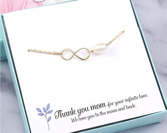 Mom Bracelet Gift: Gold infinity freshwater pearl jewelry for Mother's Day, birthday, Christmas, holidays, thank you wedding party present