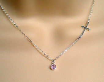 Dainty sideways cross necklace in sterling silver with small birthstone charm. Gemstone jewelry with tiny small side cross pendant for women