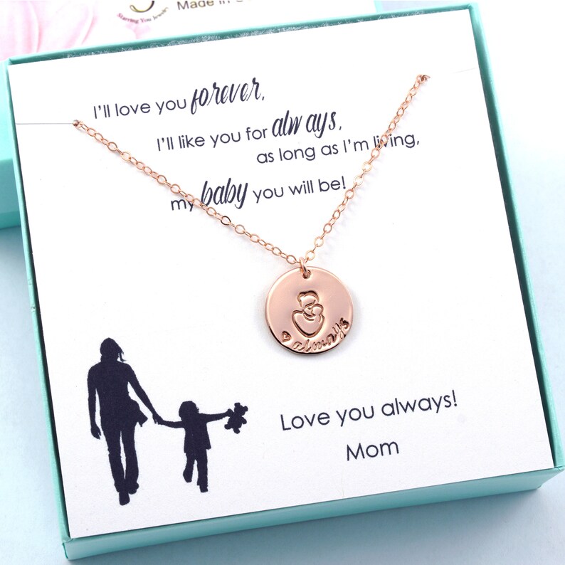 Daughter Gift: Mom & Child Heart Always Necklace, 14k rose-gold filled, personalized hand stamped jewelry for birthday, holiday, graduation image 4