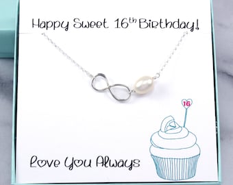 Sweet 16 Gift Pearl Necklace Sterling Silver, Sweet Sixteen Gift Idea, Birthday Gift for Teen Girl Daughter, Infinity Jewelry, Ready to Gift