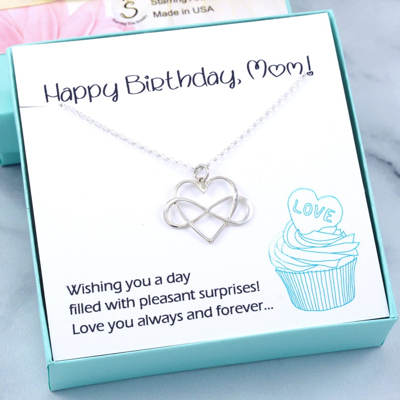 Mom Birthday Infinity Heart Necklace Gift sterling silver, unique charm, minimal love pendant, mother in law bday present, handmade in USA image 1