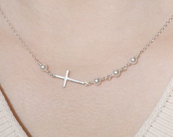 Cross necklace sterling silver with white pearls | dainty delicate women's jewelry for layering  | wire-wrapped handmade in USA | ships fast