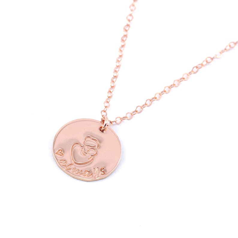 Daughter Gift: Mom & Child Heart Always Necklace, 14k rose-gold filled, personalized hand stamped jewelry for birthday, holiday, graduation image 2