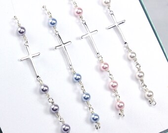 Sideways cross bracelet sterling silver with pearl beads in pink, purple, blue, or white. Dainty, delicate minimalist jewelry gift for women